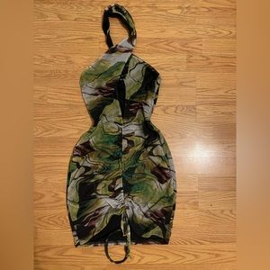 PLT Halter Mesh Bodycon Mini Dress with Green & Brown Swirl Design